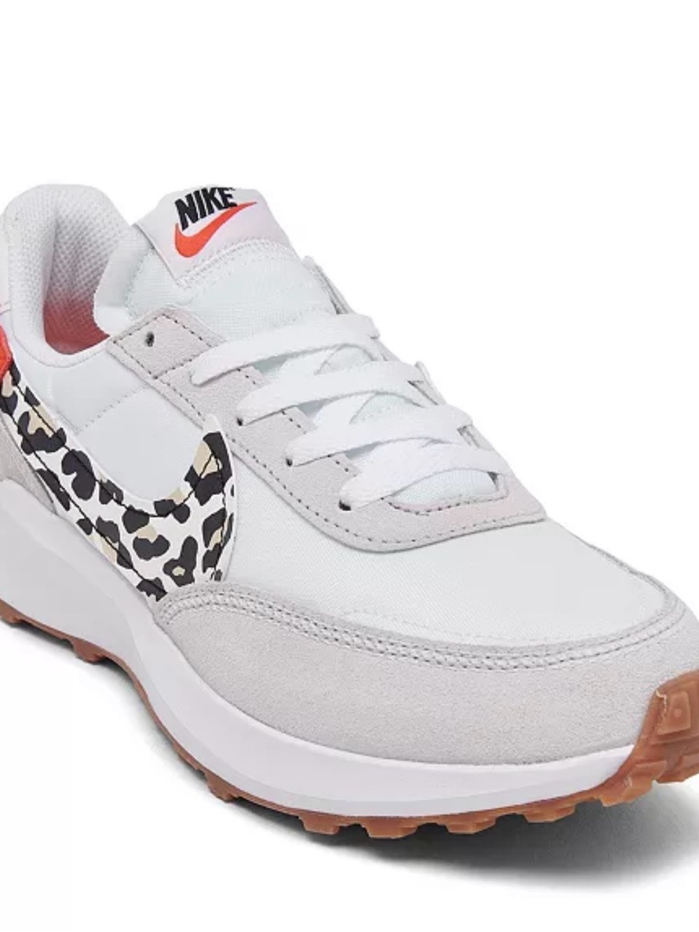 Nike Women’s White Sneakers with Leopard Swoosh and Coral Accents